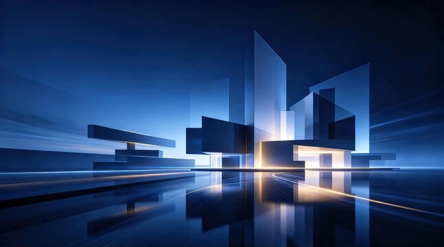 Futuristic abstract blue geometric modern architecture with glowing light reflection on water surface, contemporary architectural design concept