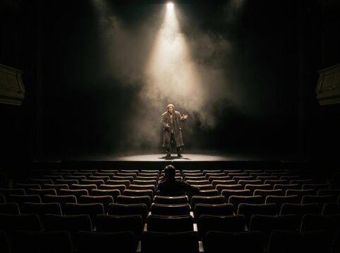 Spotlit Performance in Empty Theater with Lone Viewer