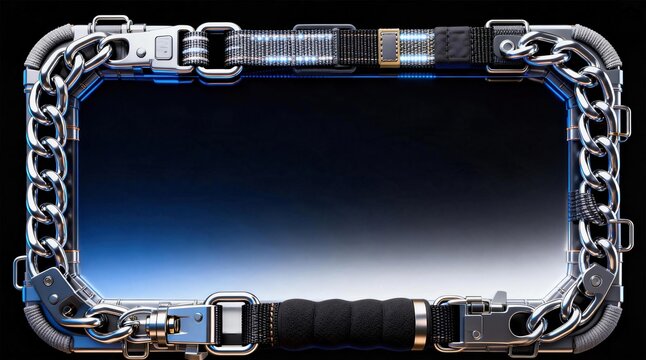Luxury cyberpunk style rectangular empty frame made of polished silver chains woven straps with blue glowing accents for graphic design backgrounds