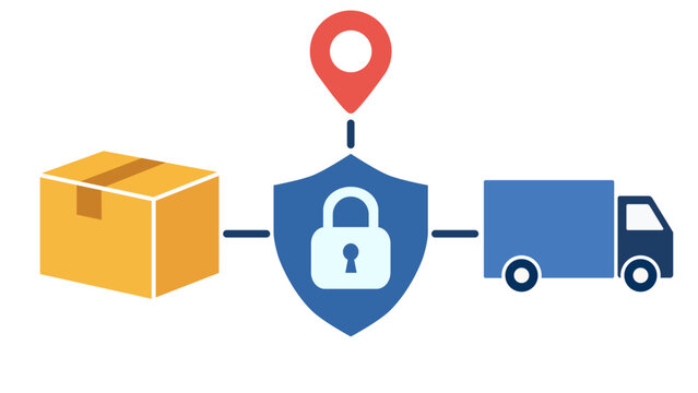 Shipment Tracking Security. Package Delivery and Location Pin Protection. Logistics Flat Design