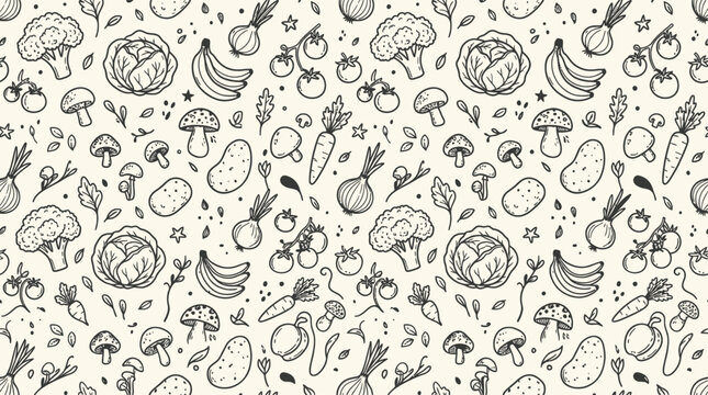 Hand drawn vegetable seamless pattern vector, black and white food outline wallpaper, organic produce background graphic for packaging