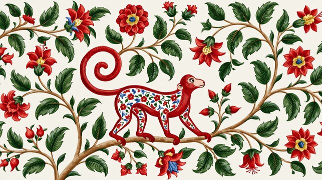 Colorful monkey walks among vibrant red flowers