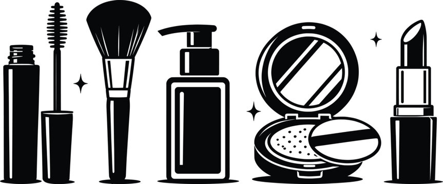 Black and White Beauty Makeup Cosmetics Set Vector Illustration.