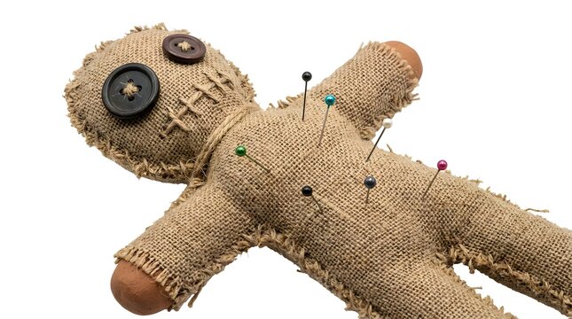 A handmade voodoo doll crafted from burlap, with button eyes and pins stuck into its body. The doll lies on a plain surface, its arms and legs outstretched