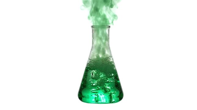 A bubbling green liquid in a flask, releasing smoke. This image evokes a sense of chemical reaction or laboratory experiment