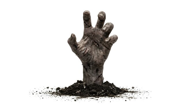 A creepy zombie hand emerging from the dirt, symbolizing fear and the supernatural