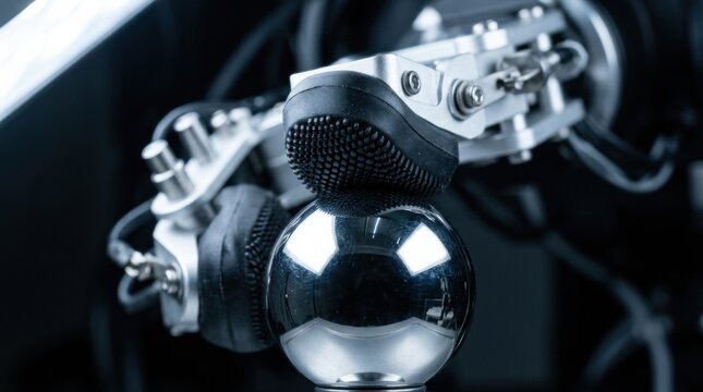 Macro view of an advanced robotic gripper's elastomeric micro-patterned fingertip pads exerting controlled tactile force on a polished chrome steel sphere in smart manufacturing automation.
