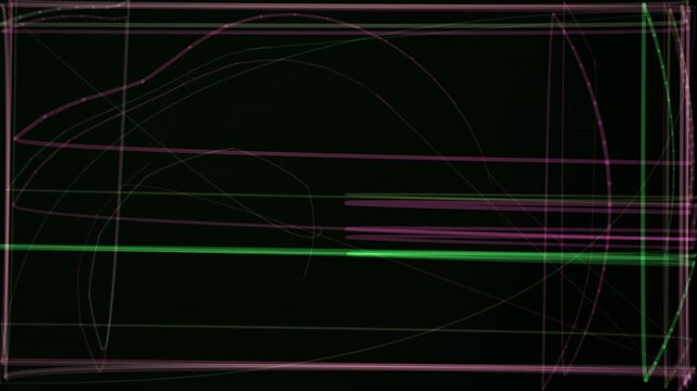 Abstract neon lines intersect on a dark background forming a complex geometric pattern for a looping video.