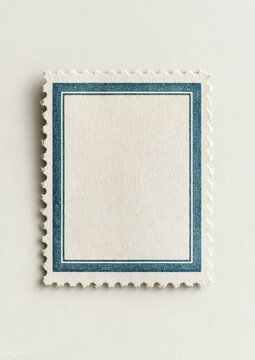 Blank vintage postage stamp with serrated edges and dark blue frame on textured off white paper, empty template for custom design or postcard