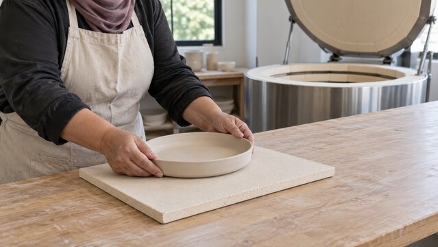 Technician arranging a dry unfired customer dish on a kiln shelf supported by the workbench beside a cold kiln before bisque loading