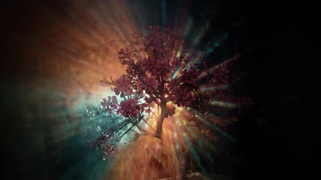 Abstract Fantasy Forest Scene With Backlit Tree And Dramatic Light Leaks