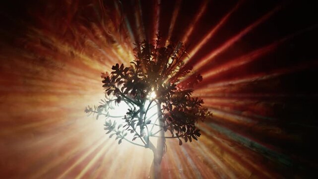 Abstract Fantasy Forest Scene With Backlit Tree And Dramatic Light Leaks