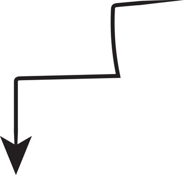 Sketchy zigzag arrow pointing downward, hand-drawn black line pointer vector, minimalist doodle arrow for business charts and creative designs