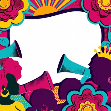Pop art illustration of diverse women silhouettes with megaphones and flowers around a blank speech bubble copy space