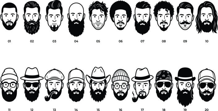 Bearded men avatar heads silhouette vector collection featuring various hairstyles mustache models hipster hats and sunglasses styles