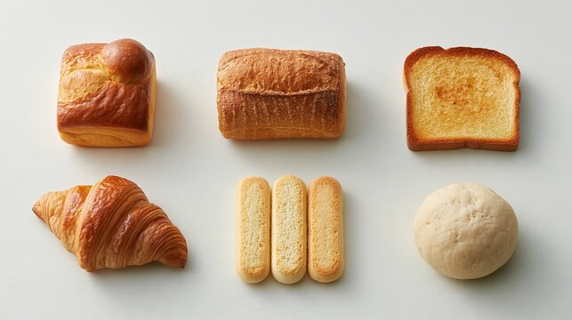 Assortment of different types of freshly baked bread arranged neatly on plain light off white background, delicious homemade bakery product food display