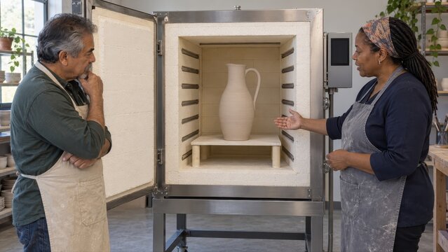 A maker and ceramics technician review a supported dry clay pitcher inside an open cold kiln during a consultation before the customer's bisque firing