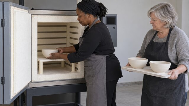 A ceramics technician loads a dry clay bowl into a cold kiln while its maker keeps two remaining bowls supported on a level tray before bisque firing