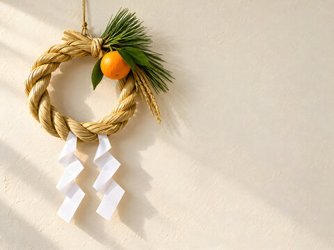 Shimekazari straw wreath with mandarin and paper streamers