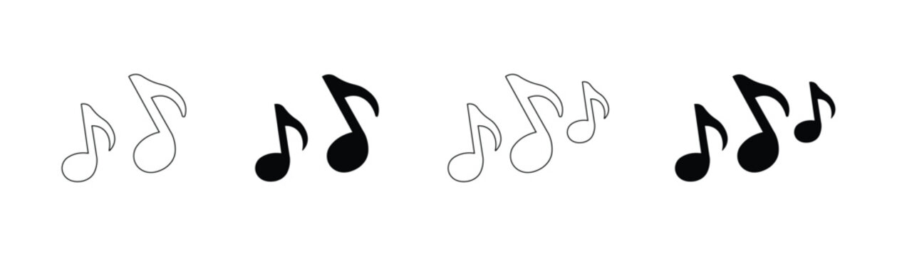 Music sound notes pattern icon set featuring single and double quaver eighth note variations in line art and solid black vector style