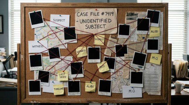 Detective cork board displaying criminal investigation evidence connected by red string against a cluttered office background