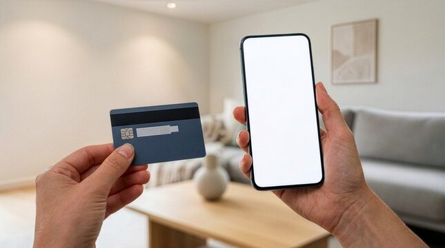 Close up of a person hands holding a smartphone with white mockup screen and a grey credit card for mobile banking online shopping financial digital payment concept in bright cozy room interior