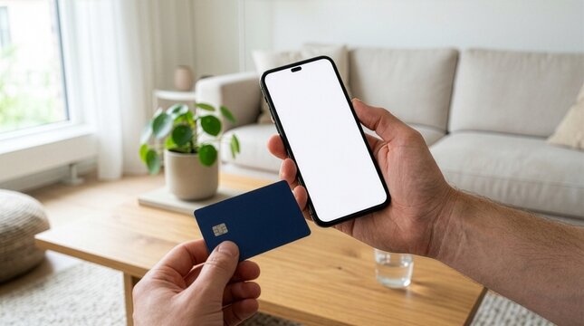 Close up of a man hands holding a smartphone with white mockup screen and a blue credit card for mobile banking online shopping financial transaction digital payment concept at cozy living room