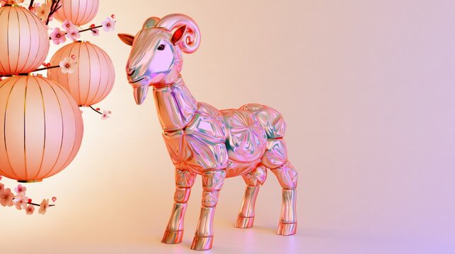 Copper pink metallic goat figurine with faceted body standing beside peach paper lanterns and blossoms for Lunar New Year