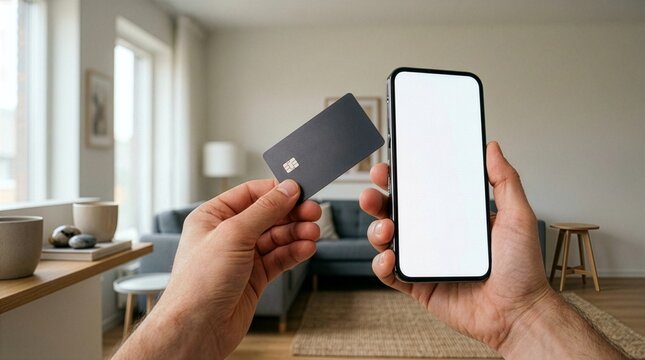 Close up of a person hands holding a smartphone with white mockup screen and a black credit card for mobile banking online shopping financial digital payment concept in bright cozy living room