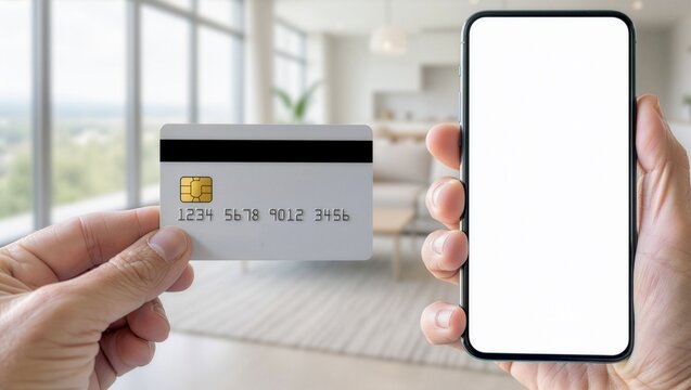 Close up of a person hands holding a smartphone with white mockup screen and a white credit card for mobile banking online shopping financial digital payment concept in bright cozy room interior