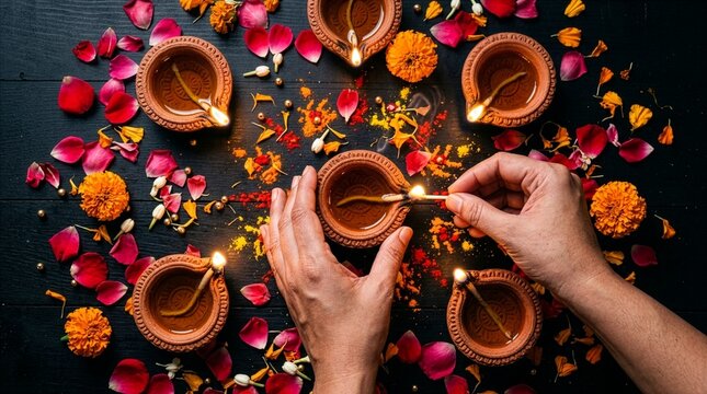 Top view of a person hands lighting traditional clay diya lamps with a matchstick surrounded by colorful flower petals and rangoli powder on black background for diwali festival celebration