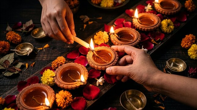 Close up of person hands lighting beautiful traditional clay diya lamps with a white candle surrounded by marigold flowers and rose petals on wooden table for diwali festival celebration concept