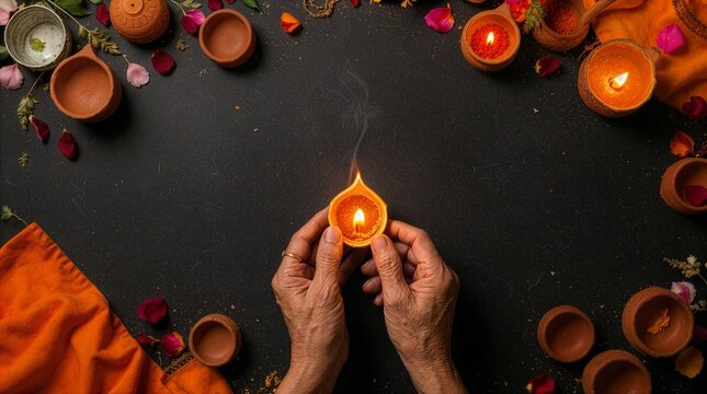 Top view flat lay of senior person hands holding a glowing clay diya lamp surrounded by traditional pottery and flower petals on black background for diwali deepavali festival celebration concept