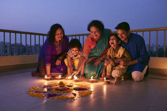 Indian family of three generations lighting diya lamps near a flower rangoli on a twilight balcony during Diwali