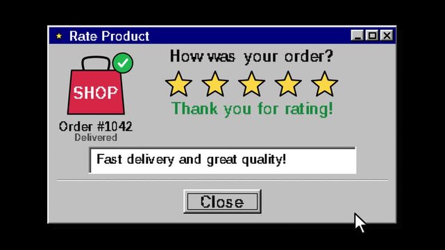 Retro 90s Computer Interface: Online Shopping Product Review and 5-Star Customer Rating System. Vintage UI/UX for E-commerce Feedback and Order Delivery Confirmation.