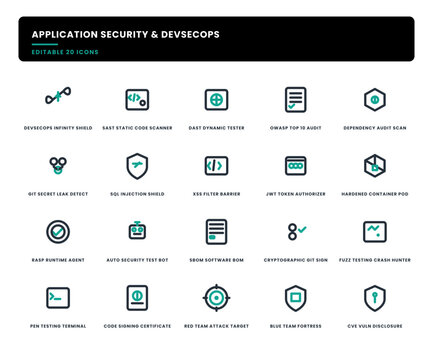Collection of twenty application security and dev sec ops development icons for software testing and auditing with code scanning