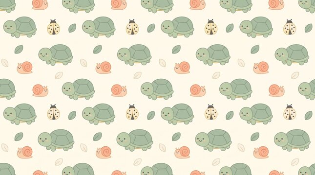 Cute seamless pattern with turtles, snails, ladybugs and leaves