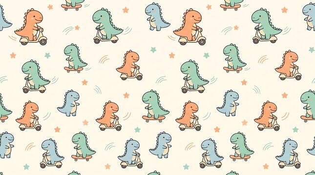 Cute dinosaur seamless pattern with scooters and skateboards