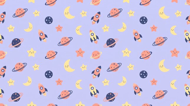 Cute space seamless pattern with rockets, planets, stars, and moon