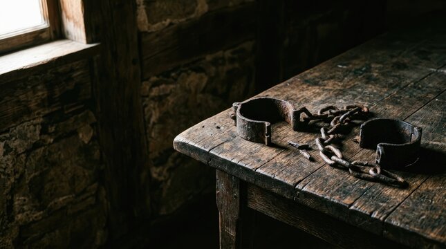 Dark chains and handcuffs rest on a weathered wooden table in a dimly lit room. A window provides a small source of light, casting long shadows across the rough stone wall.