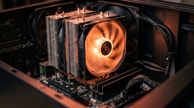 A close up view inside a computer case reveals a dual tower server cooling fan with an illuminated glowing orange blade spinning rapidly above the motherboard and RAM components