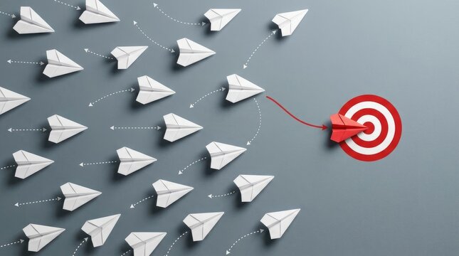 Strategic red paper airplane hitting bullseye target while white planes fly past on grey background