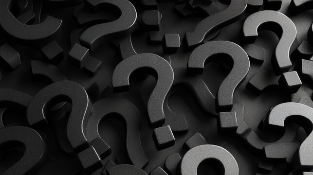 A striking composition of black question marks against a dark background, symbolizing inquiry, uncertainty, and curiosity. Ideal for themes of mystery and problem-solving.
