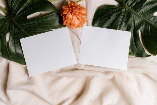 Two blank cards with tropical leaves and orange flower