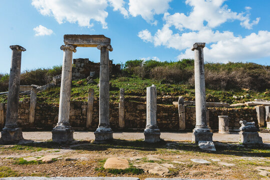Ancient stone doorway and columns at the ruins of Perge