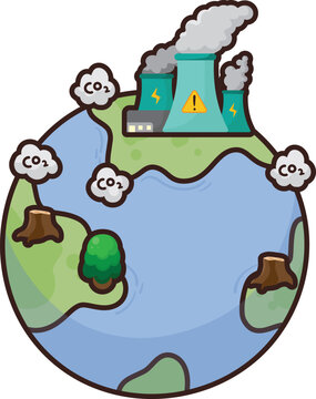 Cartoon planet shows pollution and deforestation