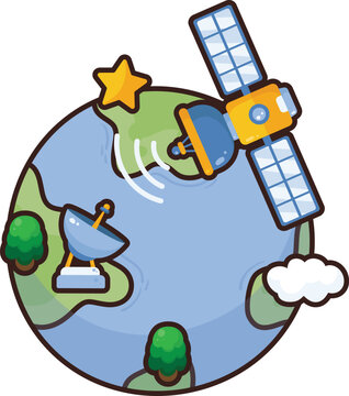 Cartoon satellite orbits Earth, connecting global communication