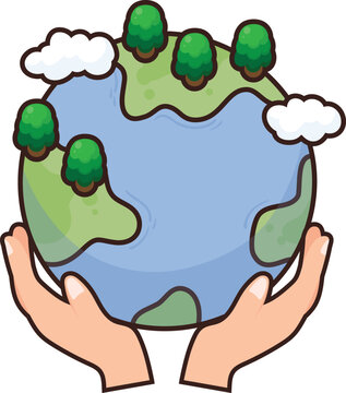 Cartoon hands gently cradle Earth