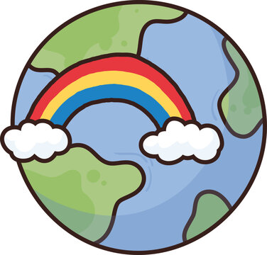 Cartoon Earth shows rainbow arching over clouds