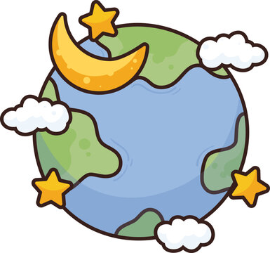 Cute cartoon Earth with crescent moon and stars